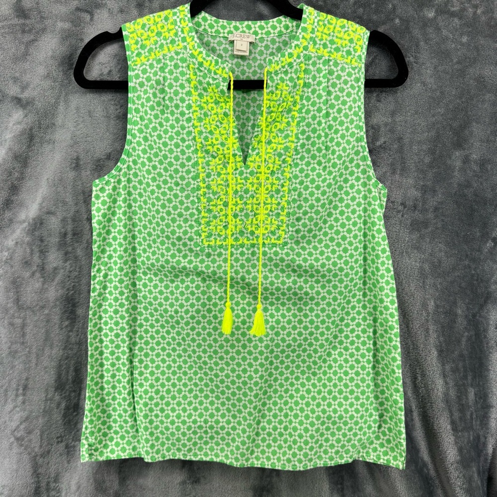 J. Crew J Crew Green & White Sleeveless Tank Top Embroidered Blouse Size 2